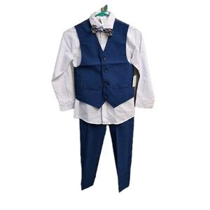 Van Heusen 4pc Boy Sz 8 Dress Outfit Blue Collared Shirt Vest Pants Bowtie NWT